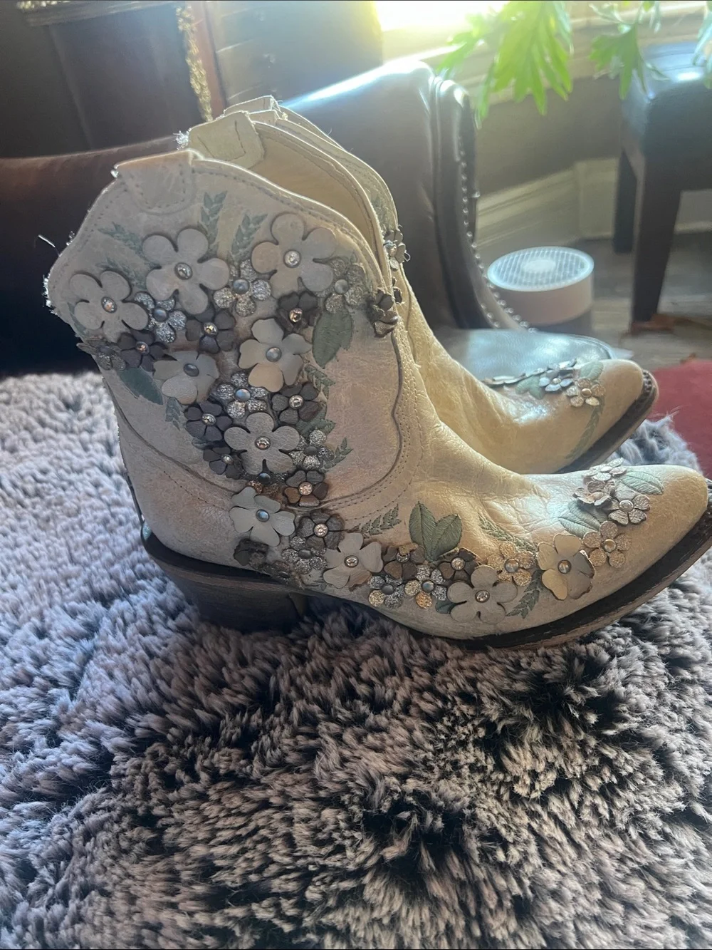 Corral Ivory Floral Embellished Western Ankle Boots